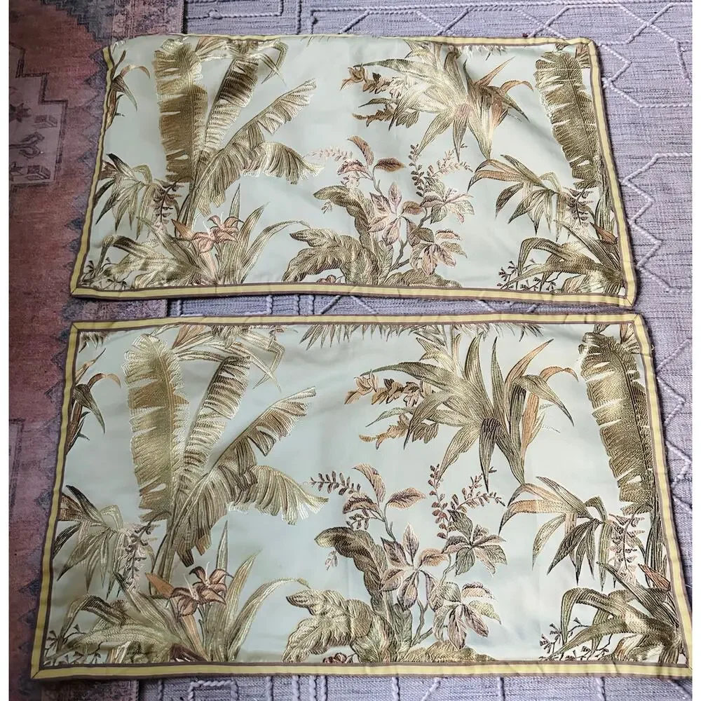 Pillow Shams Pair Green Tropical Floral Botanical chinoiserie Raymond Waites